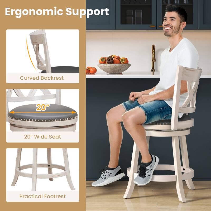 Gymax 25.5'' Swivel Bar Stools Set of 4 Solid Wood Stools w/ X-shaped