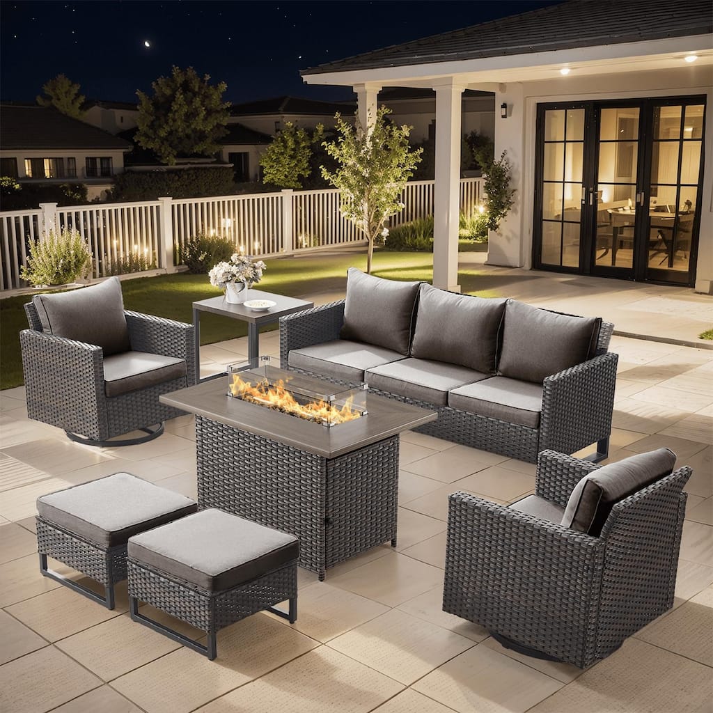Outdoor Sofa Swivel Chairs Ottomans and Fire Pit Table