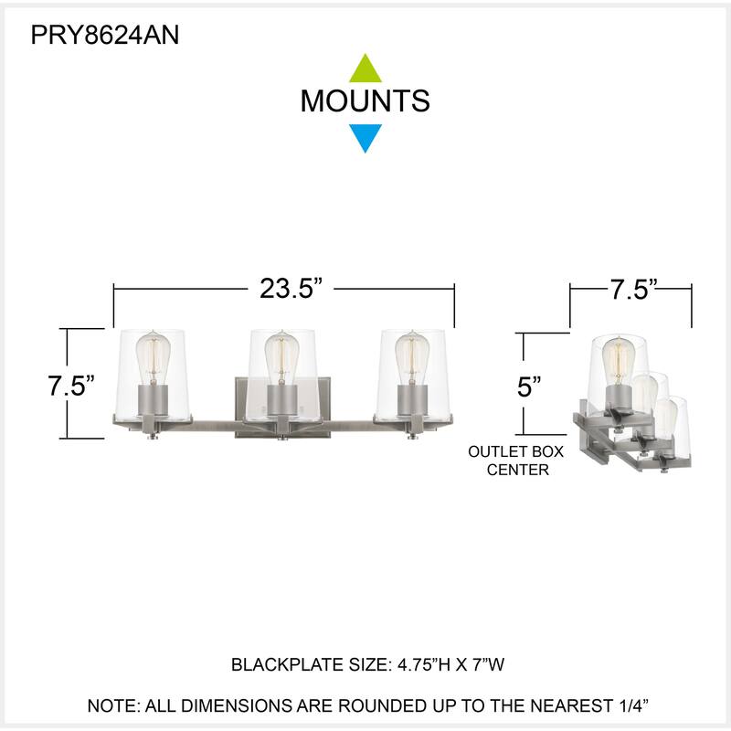 Perry 3-Light Antique Nickel Vanity Light - Antique Nickel - 23.5