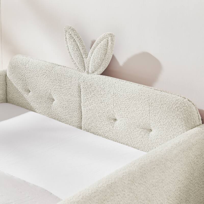 Full Size Upholstered Platform Bed with Cute Rabbit Ear Shaped Headboard, with Safety Rail and Pocket, Boucle Fabric