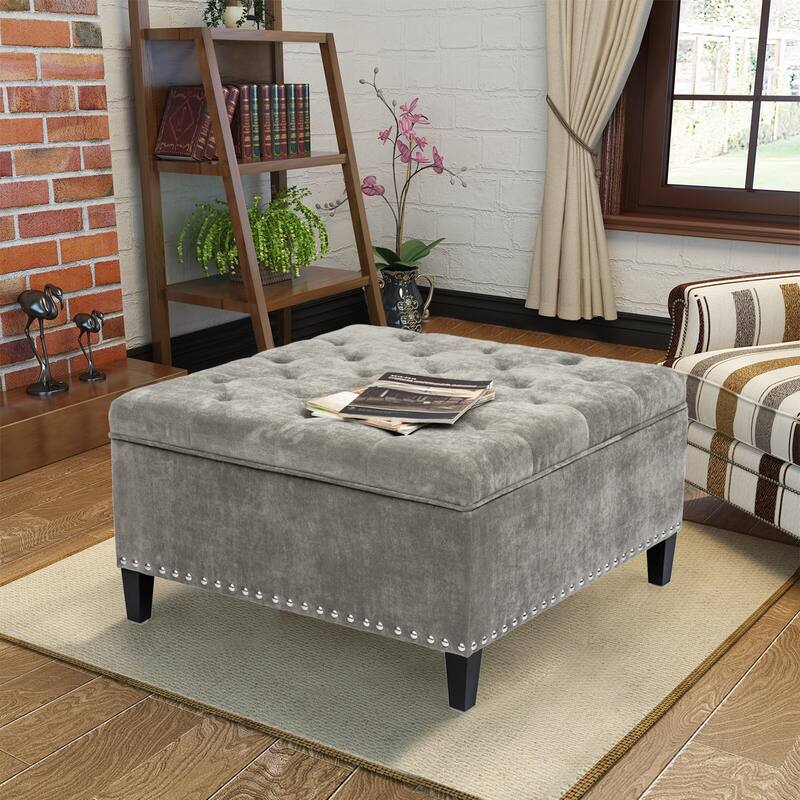 Adeco Large Square Footstool Fabric Storage Ottoman Bench