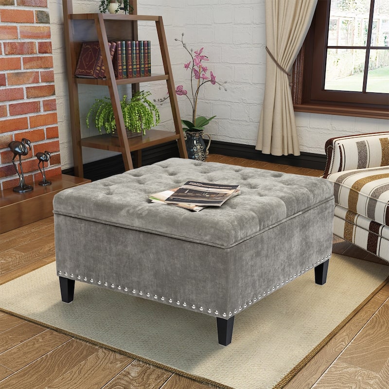 Adeco Large Square Footstool Fabric Storage Ottoman Bench - Light Grey