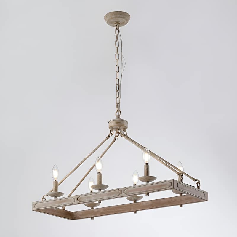 6 - Light Wood Like Antique Metal Kitchen Island Rectangle Pendant Lamp Chandelier - Milk White