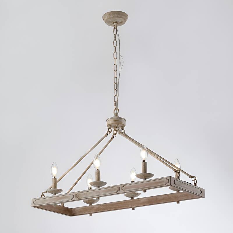 6 - Light Wood Like Antique Metal Kitchen Island Rectangle Pendant Lamp Chandelier - Milk White
