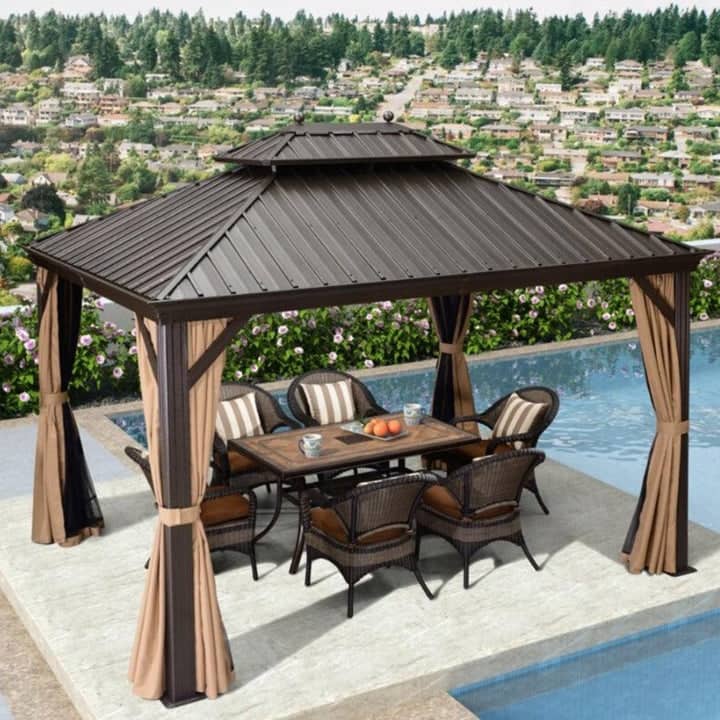 PURPLE LEAF Outdoor Galvanized Steel Roof Aluminum Frame Hardtop Gazebo with Netting,Curtains included