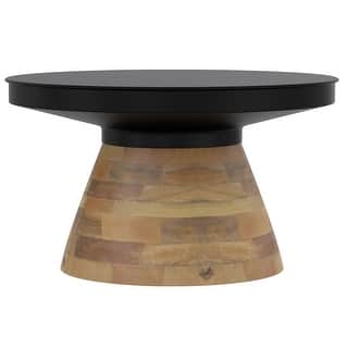 Modern Metal & Solid Wood Round Coffee Table - Black & Walnut