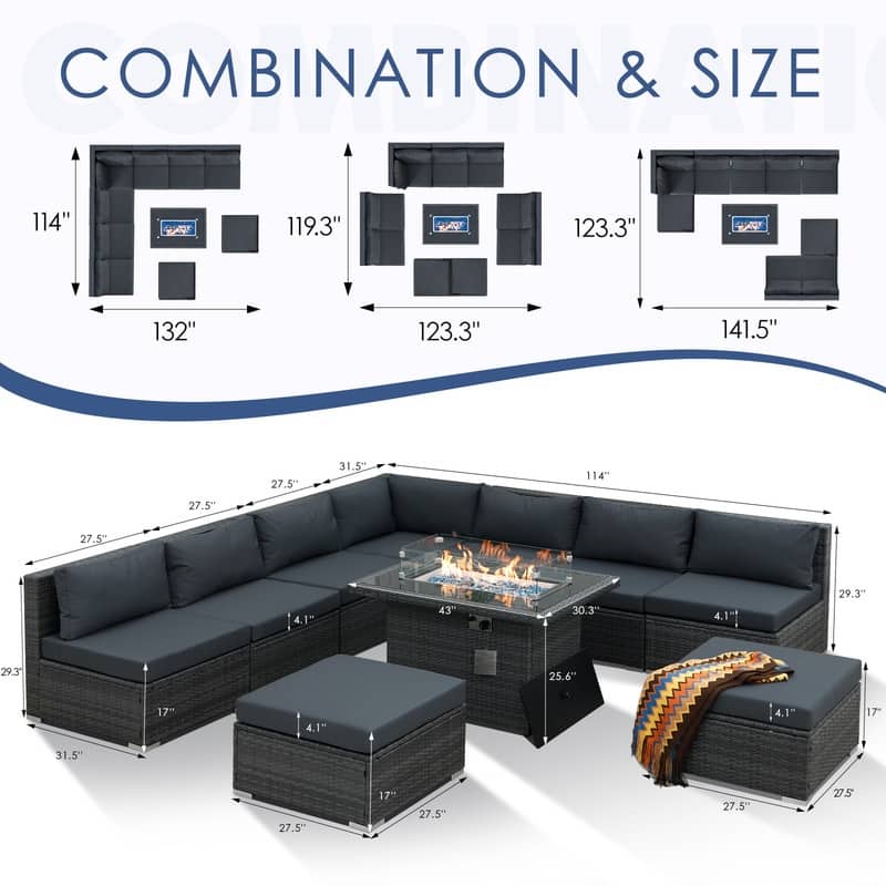 FINCATI 10-piece High Back Oversized Patio Furniture Conversation Set Outdoor Sectional Sofa with Fire Pit Table