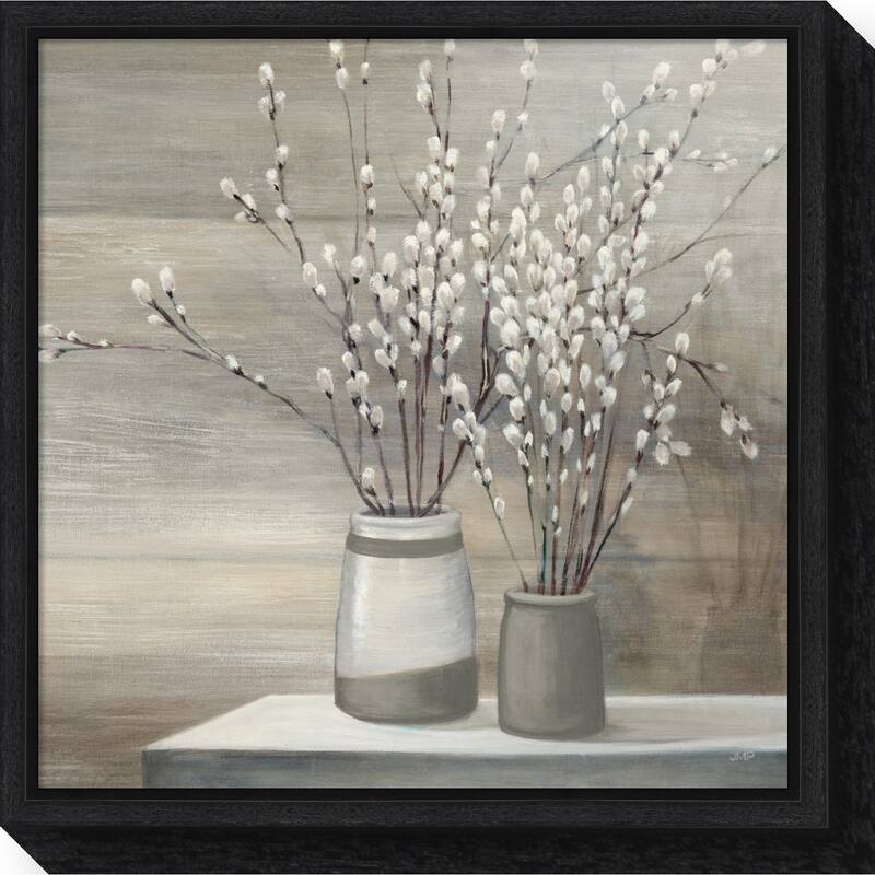 Canvas Art Framed 'Willow Still Life Gray Pots' by Julia Purinton - Black - 16 x 16 - Black