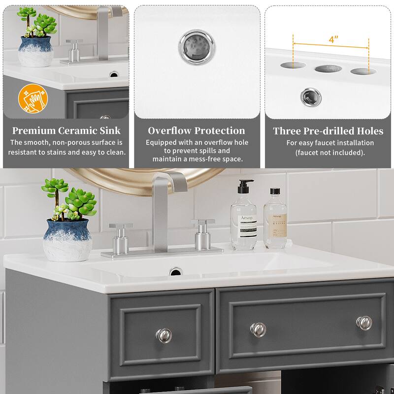 Bathroom Vanity with Sink, Small Bathroom Storage Cabinet with Ceramic Basin, Single Vanity with 2 Drawers and Door