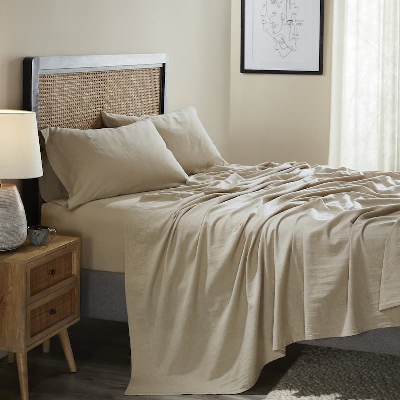 Superior Cotton Linen Garment Washed Deep Pocket Bed Sheet Set - Full - Tan