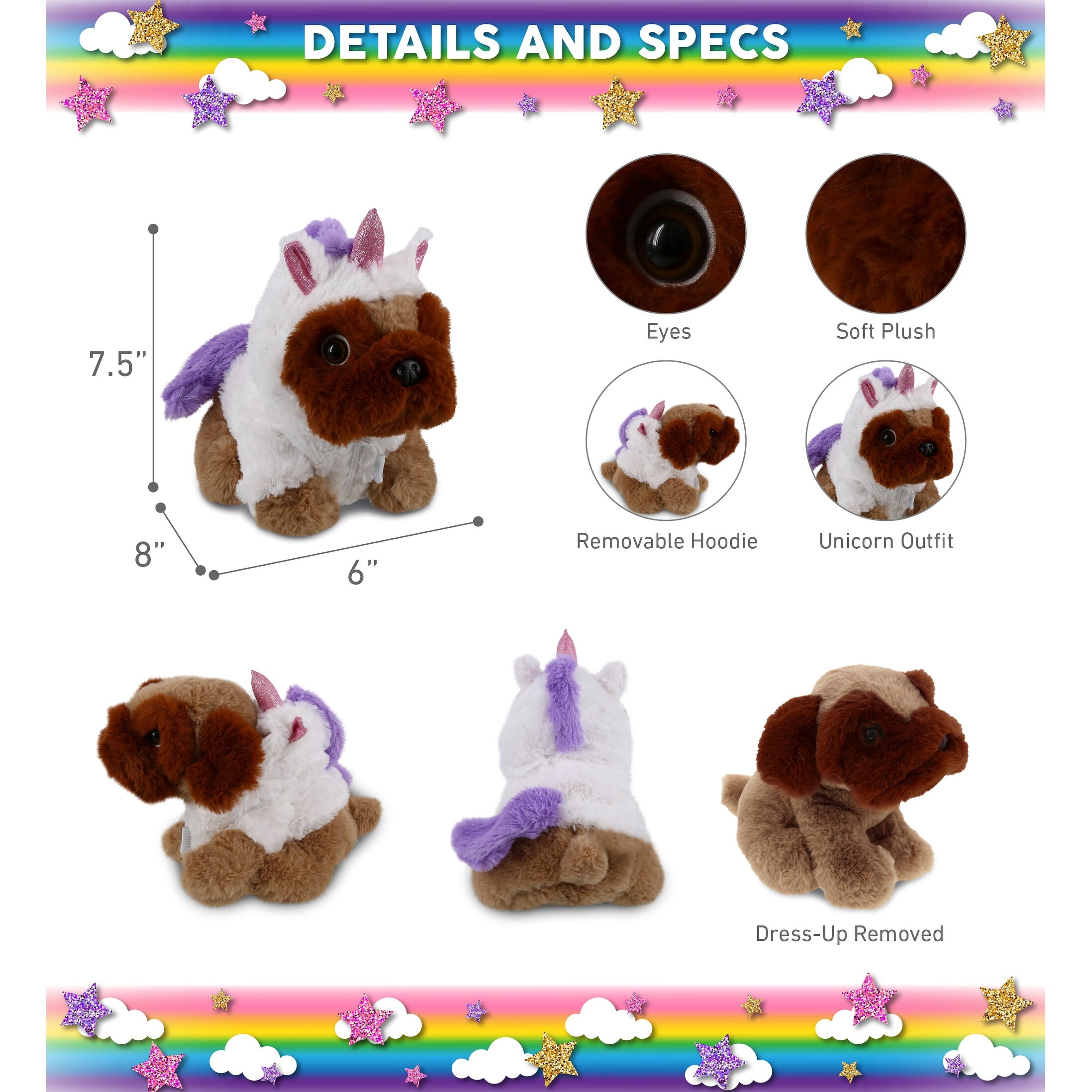 DolliBu Brown Pug Dog Unicorn Plush Stuffed Animal Toy with Outfit