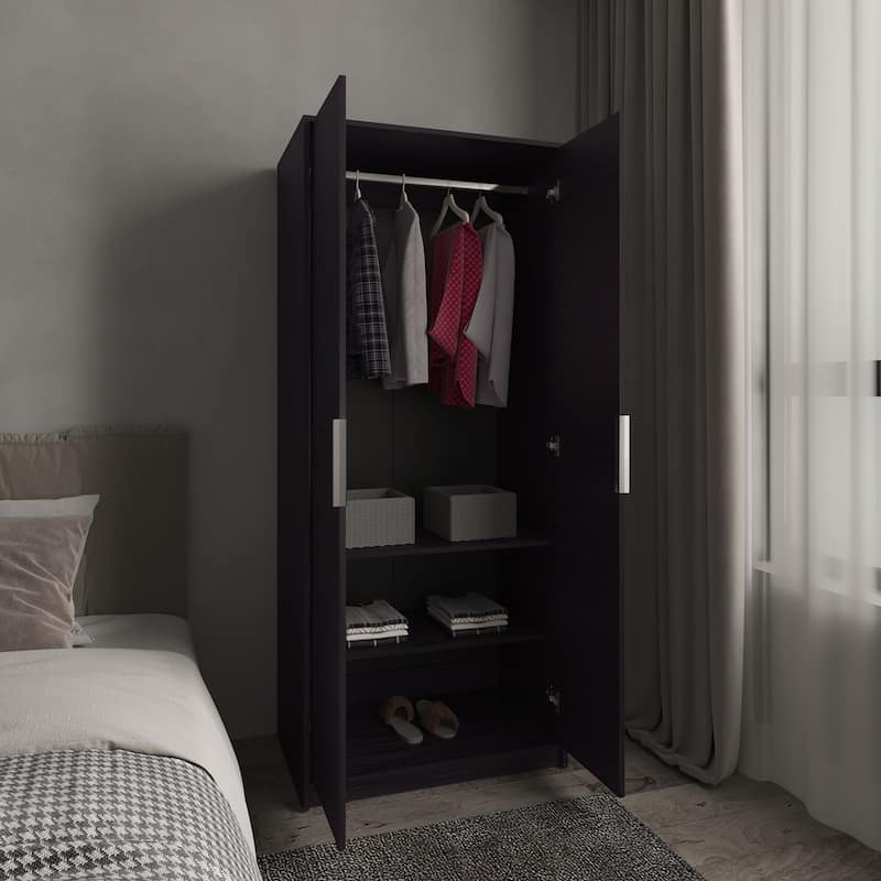 Armoire Double Doors,Hanging Rod And Interior Shelves,Freestanding Modern Wardrobe,Black