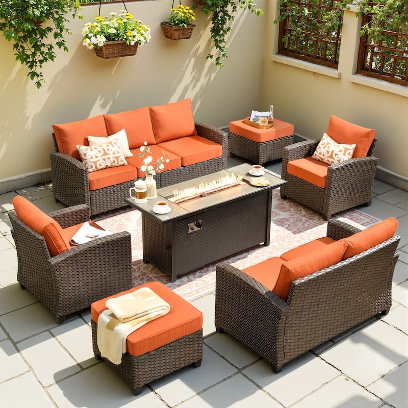 XIZZI 7-Piece Outdoor Wicker Conversation Set - Red/Orange