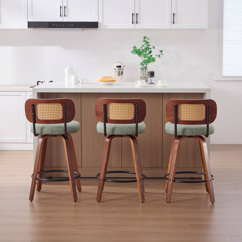 Roomfitters Upholstered Swivel Bar Stools Set of 3 with Rattan Back and Wood Legs, Modern Counter Height Dining Chairs