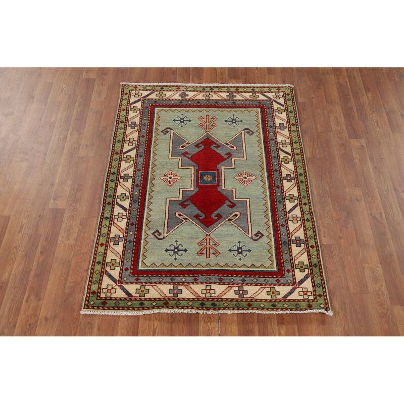 Green Kazak Accent Rug Hand-Knotted Wool Carpet - 3'6" x 4'11"
