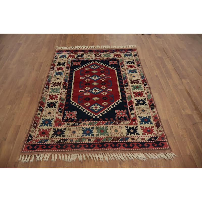 Hand Knotted Oriental 100% Wool Carpet Transitional Geometric Red Anatolian Area Rug - 5' 4'' X 3' 10''