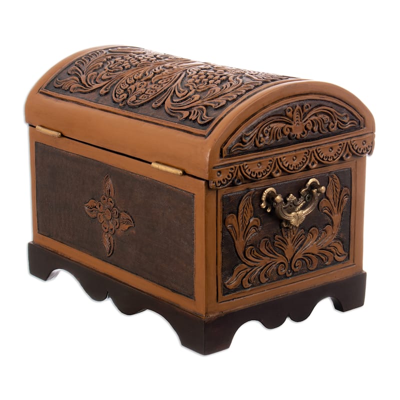 Novica Handmade Andean Flowers And Birds Cedar And Leather Decorative Box