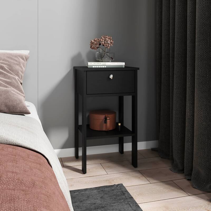 Black Wengue Nightstand with 1 Drawer, 1 Shelf, and 4 Legs - Black