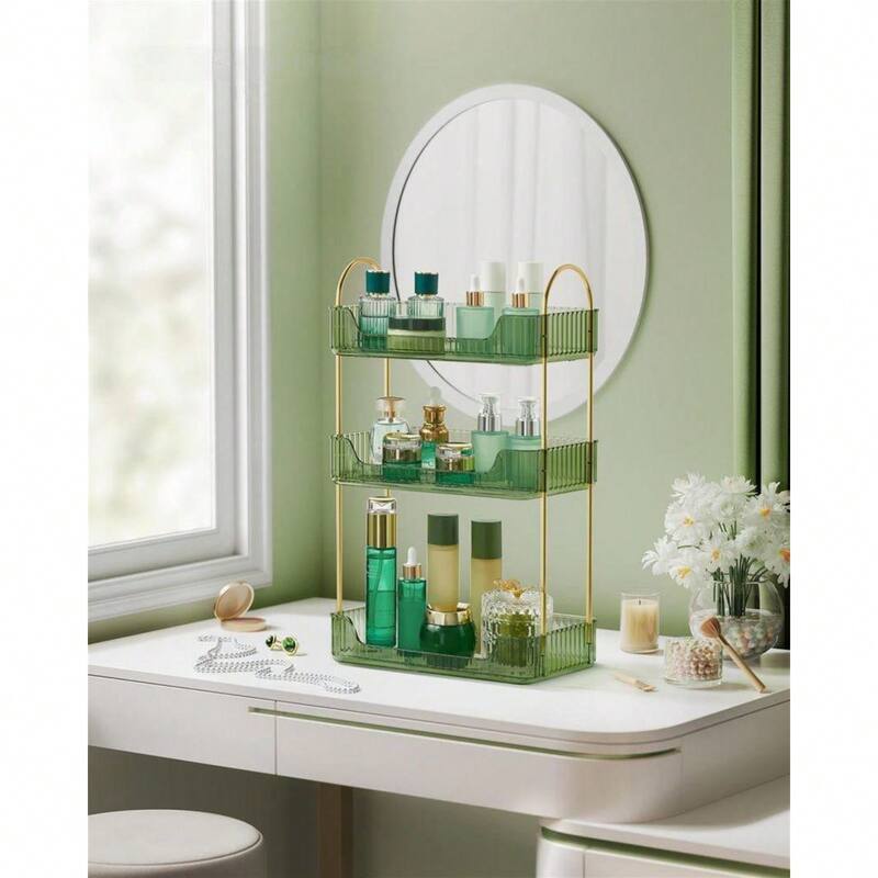 3-Tier Vertical Makeup Storage Organizer with Plated Metal Frame and Handle - 6.6”D x 12”W x 18.9”H