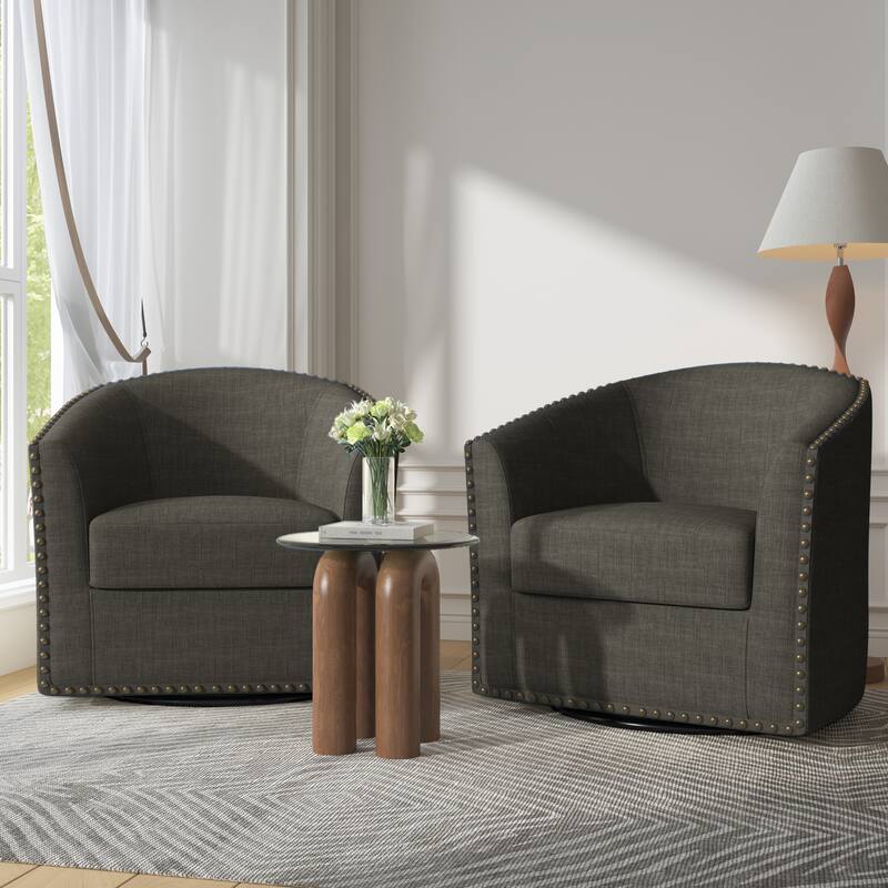 George 2 Set 30"W Upholstered Swivel Barrel Chair with Nailheads