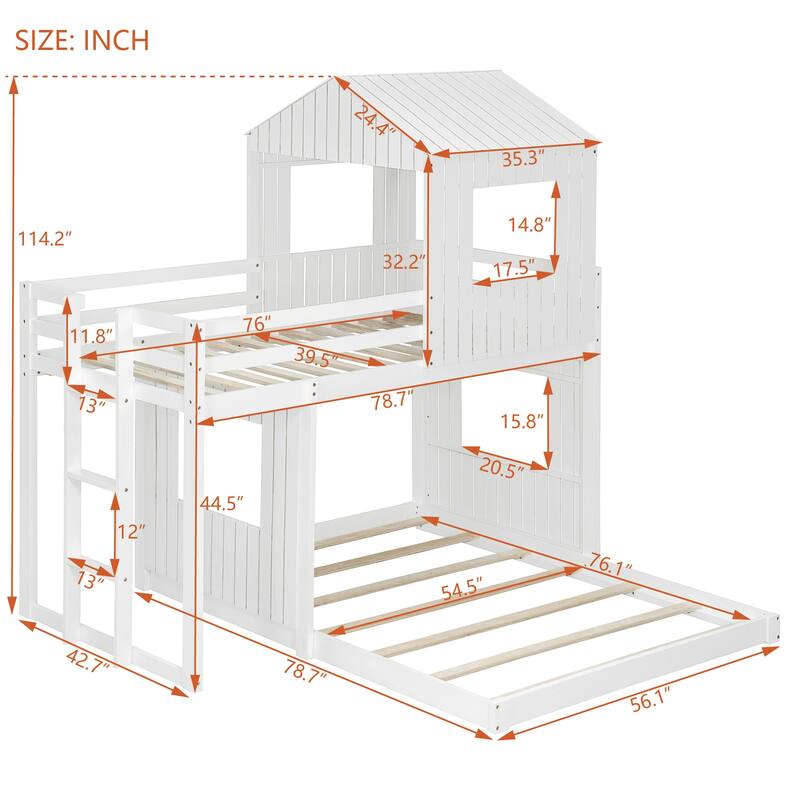 Wooden Twin Over Full Bunk Bed with Playhouse Design, Loft Bed with Ladder and Guardrails, Farmhouse Style