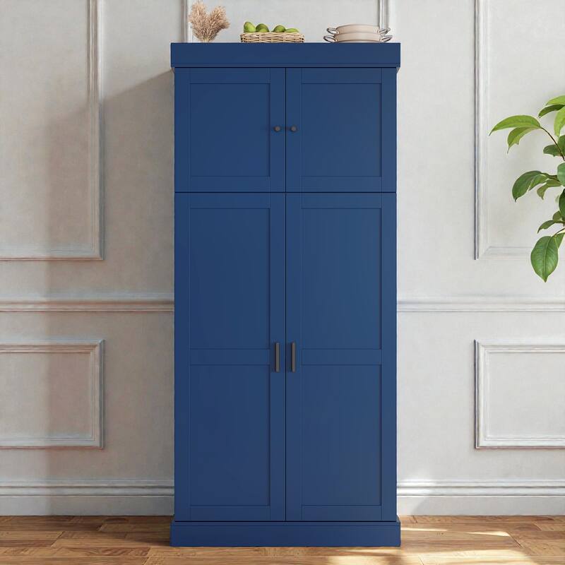 77 Inch Tall Kitchen Pantry Cabinet, Shaker Style Storage with Adjustable Shelves, Drawers, Door Shelves and Wine Racks - Blue