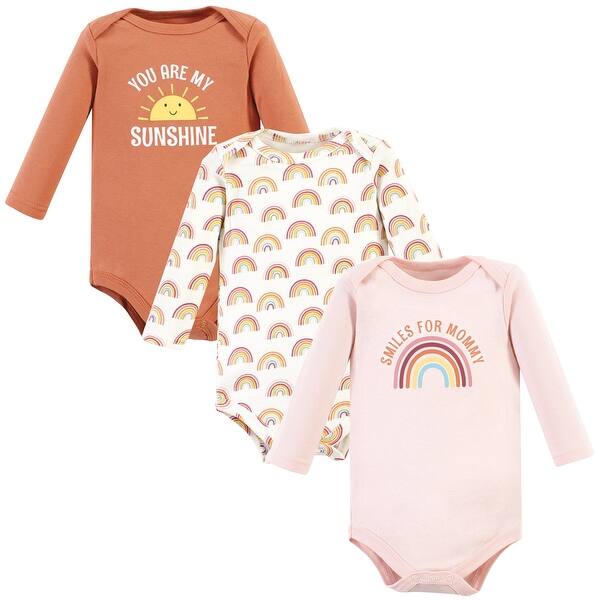 slide 1 of 1, Hudson Baby Infant Girl Cotton Long-Sleeve Bodysuits, Sunshine Rainbows 3-Pack 0-3 Months - Sunshine Rainbows 3-Pack