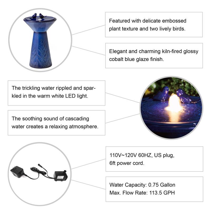 Glitzhome 27.5"H Two Birds Embossed Ceramic LED Birdbath Patio Outdoor Fountain