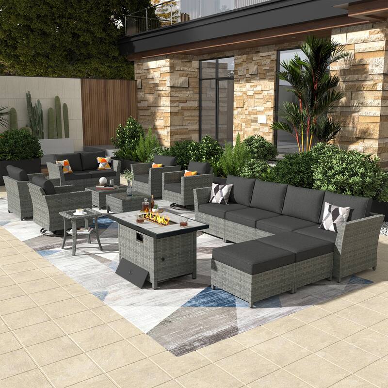 XIZZI 16-piece Outdoor Patio Wicker Furniture Sectional Set with Fire Pit - Black