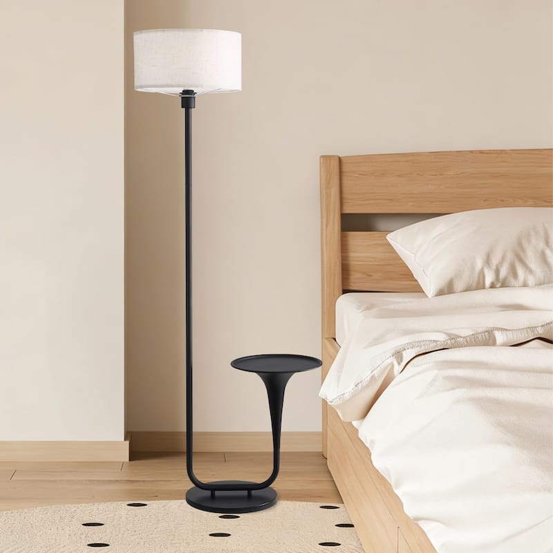 Anmytek Modern LED Floor Lamp with Integrated Side Table, Matte Black Metal Frame & Linen Drum Shade for Living Room