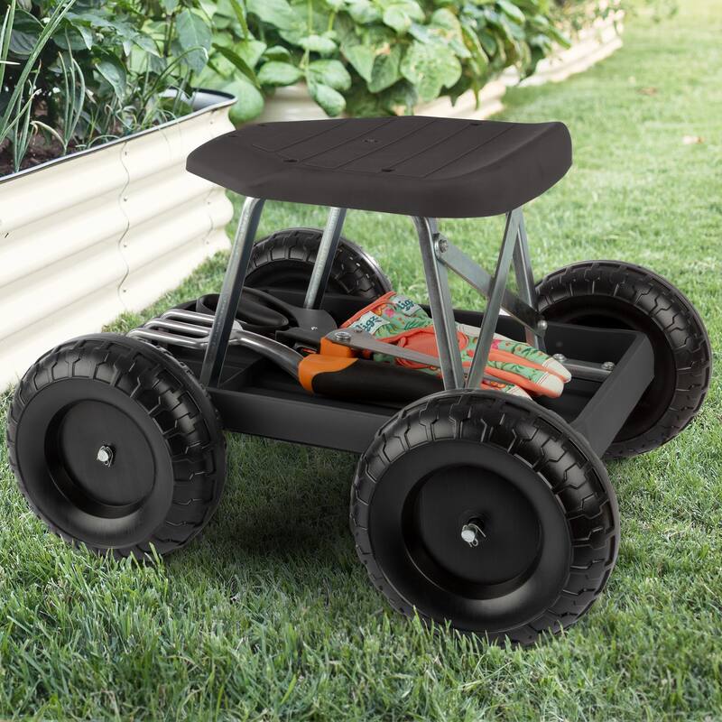 Gardening Stool - Rolling Garden Seat with Wheels and Storage Tool Tray by Pure Garden