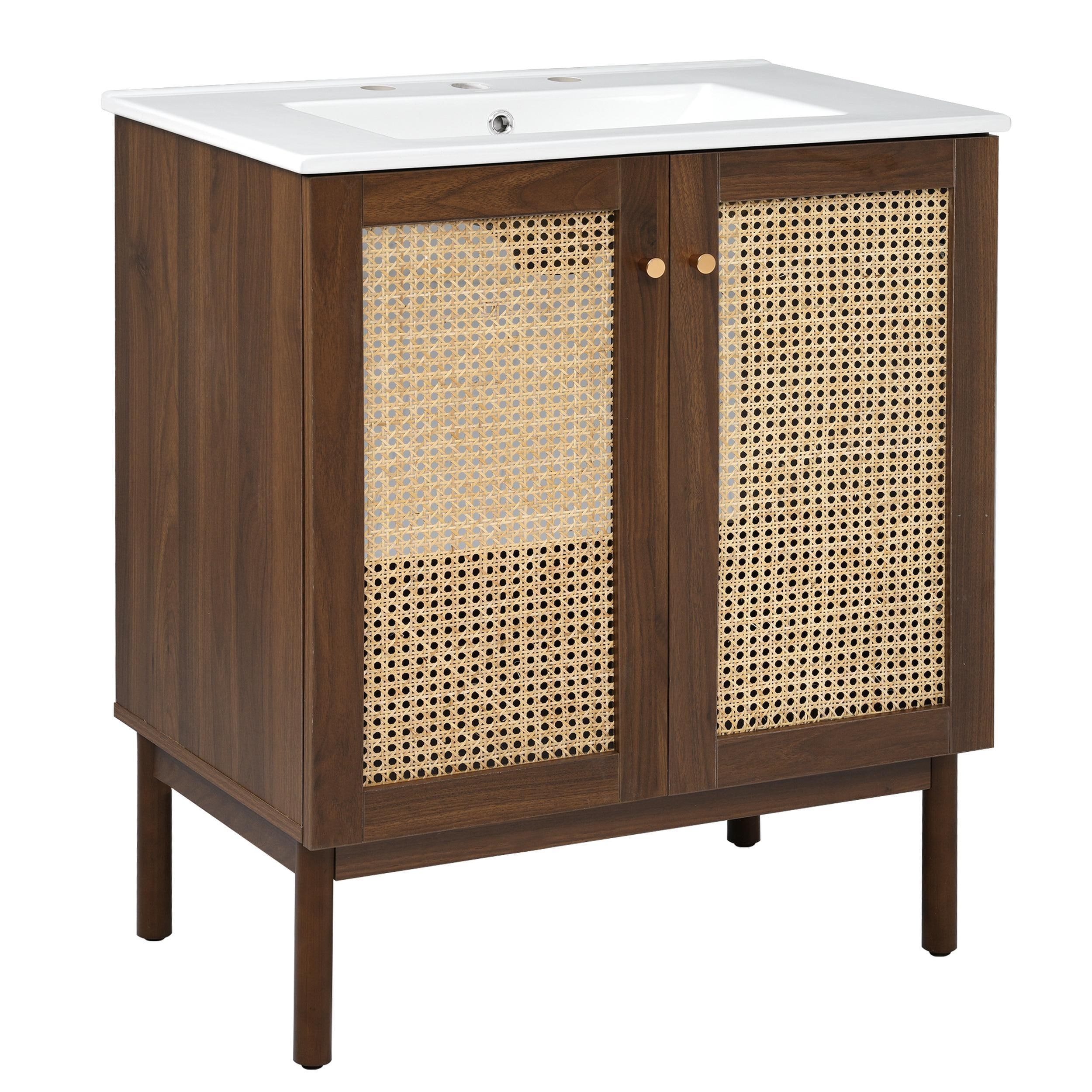 Wabi-sabi style 30" Bathroom vanity with hand-woven rattan door
