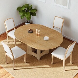 5-Piece Extendable Round Dining Table Set for 4, Solid Wood Pedestal ...