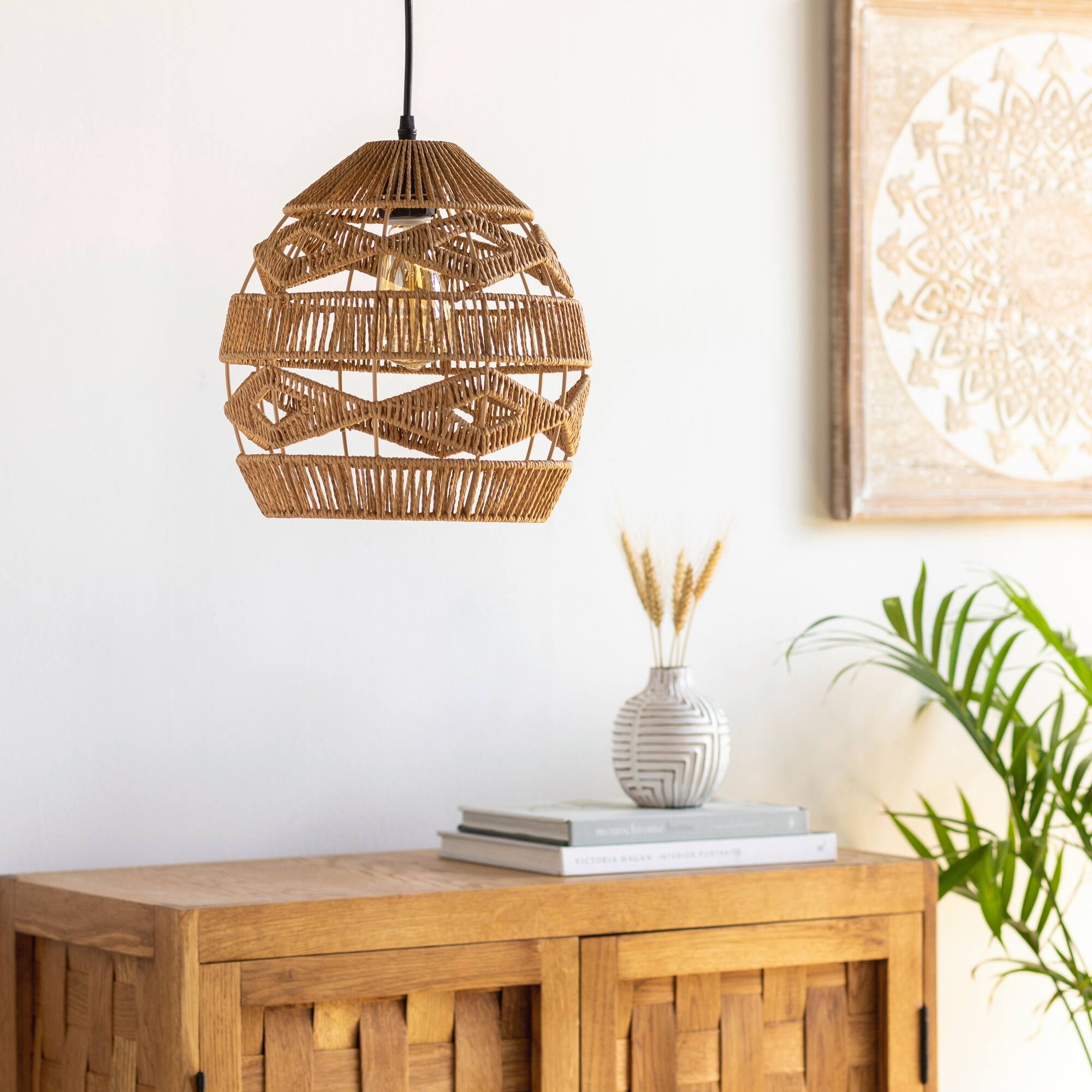Artistic Weavers Krill Paper Rattan Bohemian Pendant Light Bed Bath