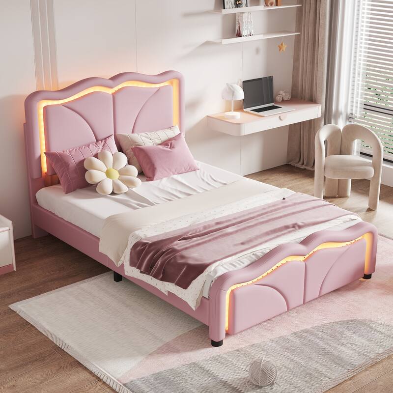 Upholstered Platform Bed with Curve Shaped and Height-adjustbale Headboard & LED Light Strips, Twin/Full Size Bed Frame w/ Slats
