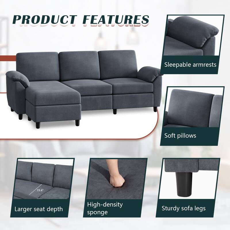 Futzca ​Sectional Sofa Couch, 3 Seat L Shaped Sofa with Removable Pillows