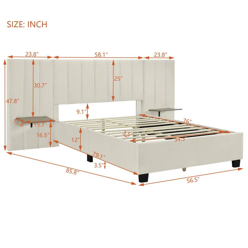 Modern Velvet Upholstered Platform Bed with Large Headboard