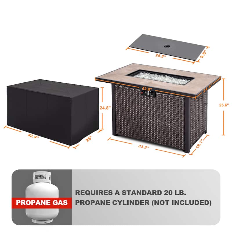 Outdoor 43-inch 50,000 BTU Propane Gas Fire Pit Table, Ceramic Tabletop and PE Rattan Weaved Iron Frame
