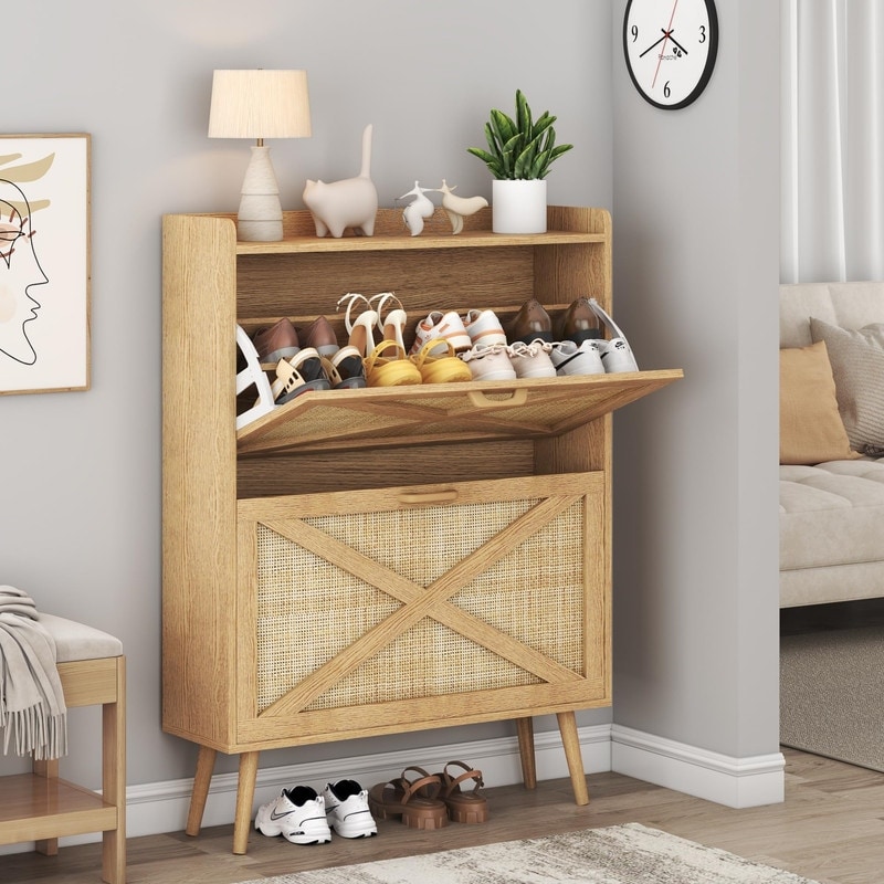Rattan Shoe Cabinet with 2 Flip Drawers