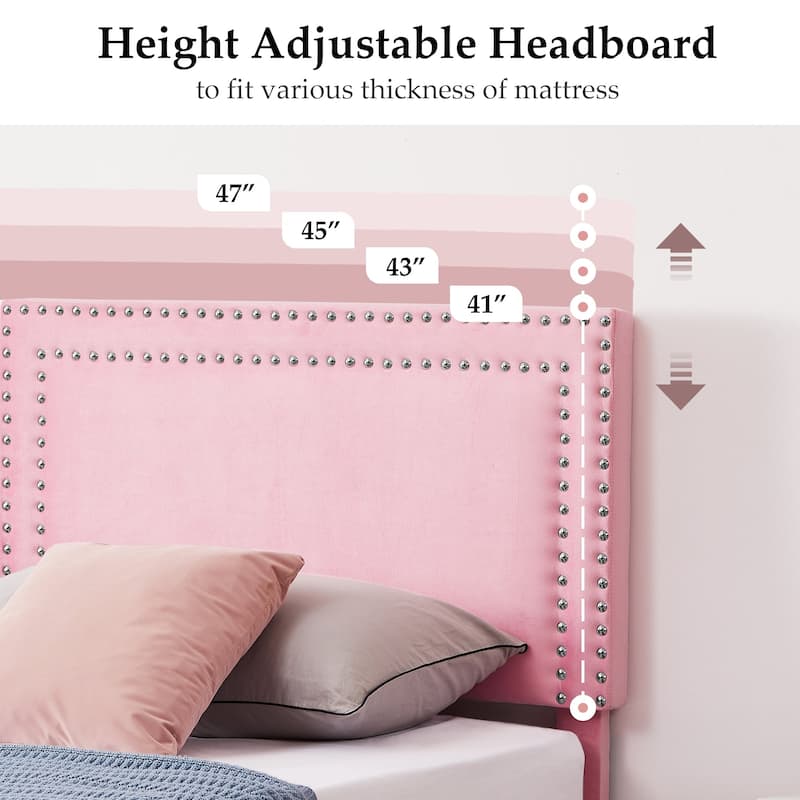 VECELO Twin Size Kids Beds Set of 2 Adjustable Headboard Soft Upholstered Headboard with Rivet Detail 8" Underbed Storage