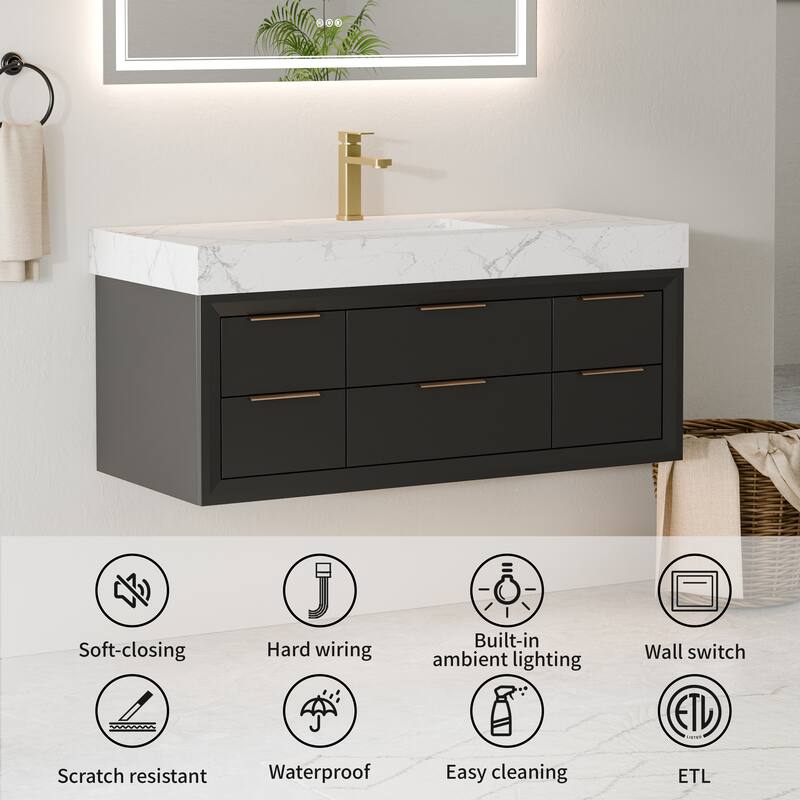 Modland 36/48/60 Inch Black Floating Bathroom Vanity with ETL LED Lights & Soft-Close Drawers, Waterproof Rubberwood