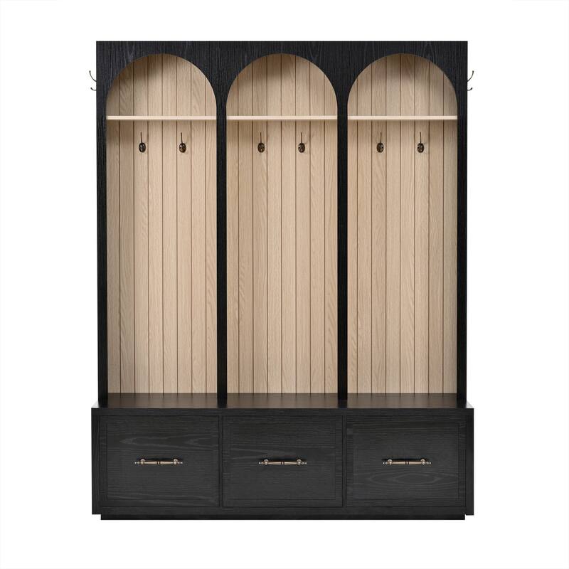 Farmhouse Wooden Style Hall Tree with Arched Design, 59" Wide Entryway Bench with 8 Retro Hooks, Coat Rack & Shoe Organizer
