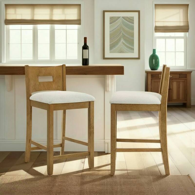 Ren Rubberword Bar Stool, Ivory Upholstered Counter Height Stool - Set of 2 - Ivory/Amber Glow - Bar Height