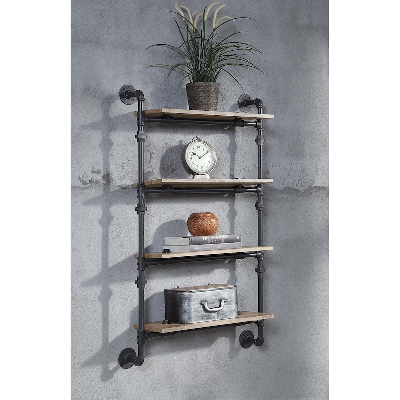 Floating Wood Wall Shelf with Metal Tube in Oak and Sandy Black
