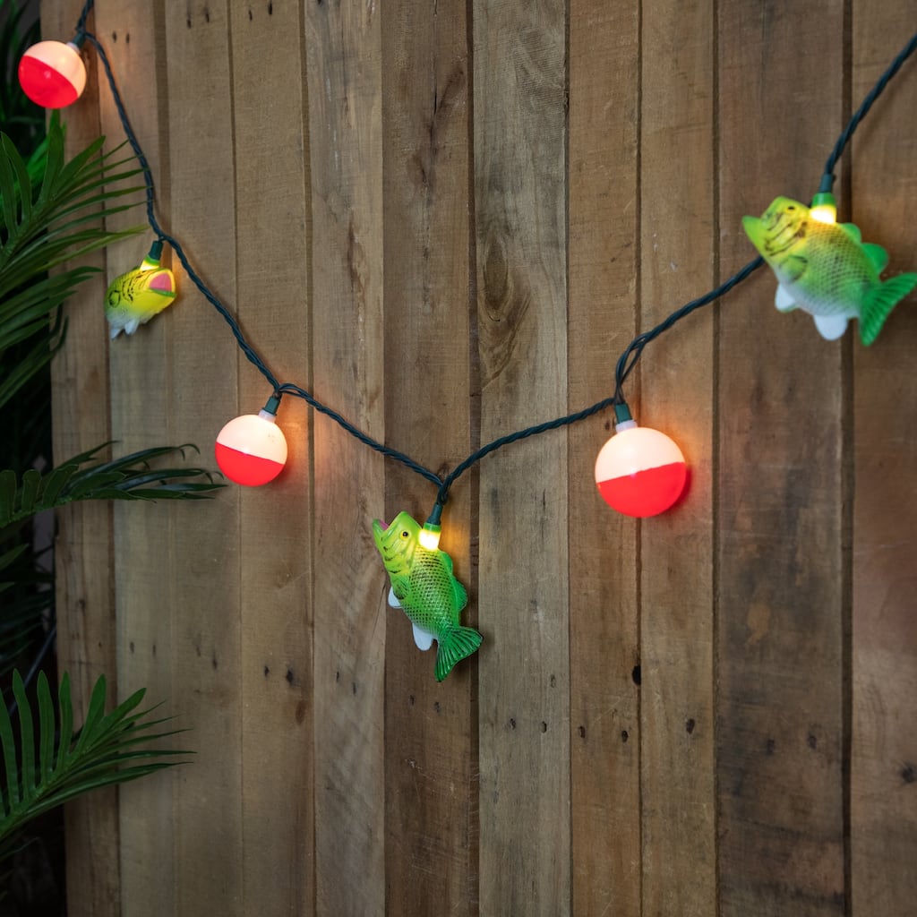 Bass and Bobber Patio Light Set - 6' Green Wire - 10ct - 102"