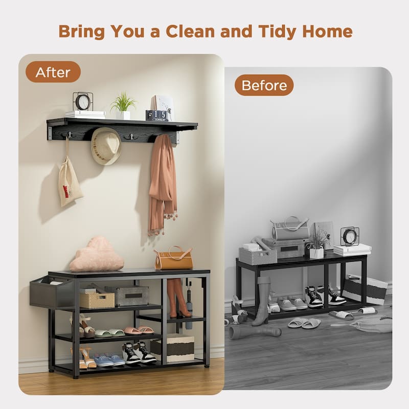 Industrial Hall Tree, 4-in-1 Entryway Coat Rack and Shoe Bench Rack Set with 5 Shoe Storage Cabinets