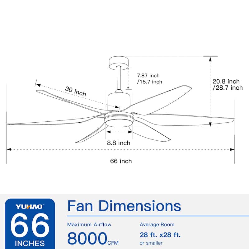 52"/66"/72"/76 Inch Modern Ceiling Fan with Dimmable LED Light ,Remote&APP Control,8 Blades for Large Living Room,Porch