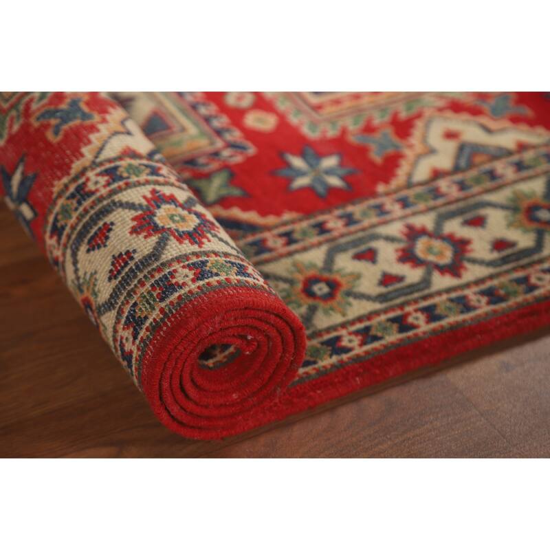 Geometric Kazak Runner Rug Hand-Knotted Red Wool Carpet - 2'9" x 9'4"