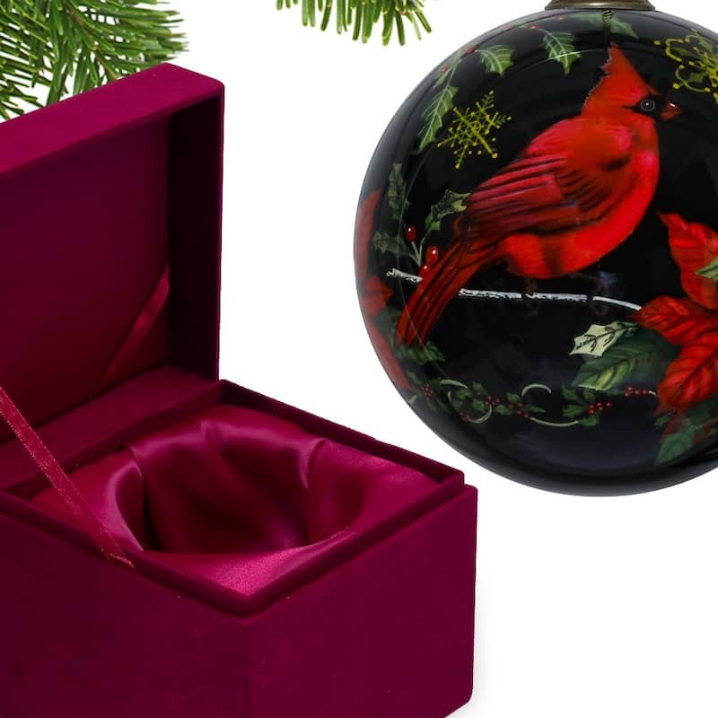 Glossy Red Cardinal Hand Painted Mouth Blown Glass Ornament - 4" x 4" x 4"