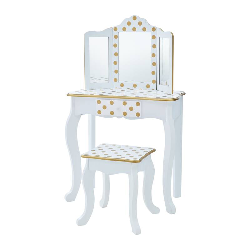 Teamson Kids Gisele Polka Dot Kids Vanity Table & Stool, White & Gold - 23.5" L x 11.73" W x 39.25" H